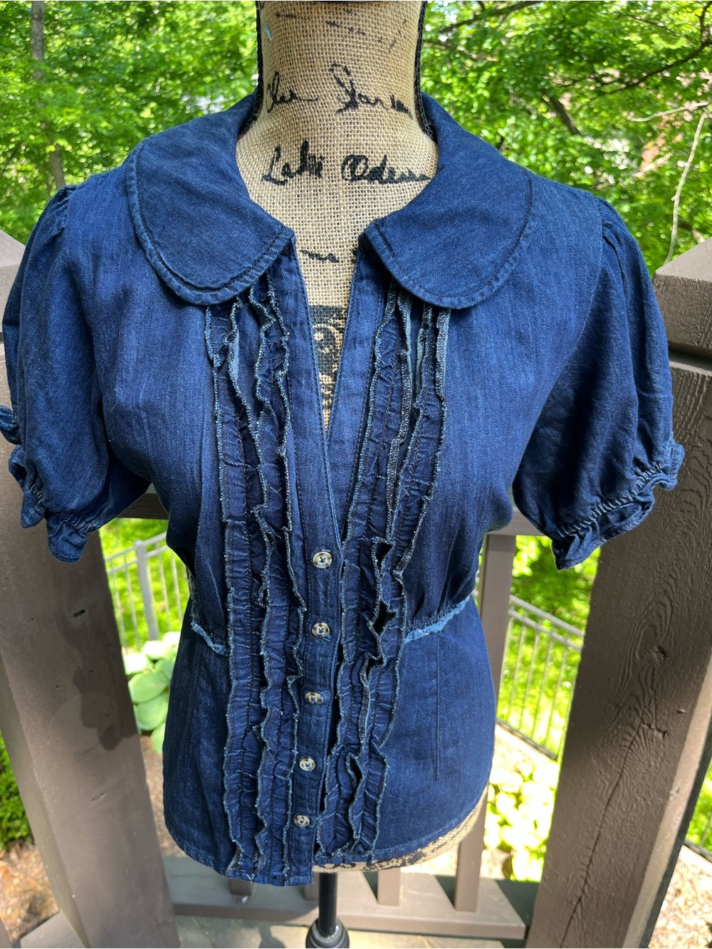 Anthropologie Dark Denim Ruffled Button-Front Blouse - Picture 4 of 6